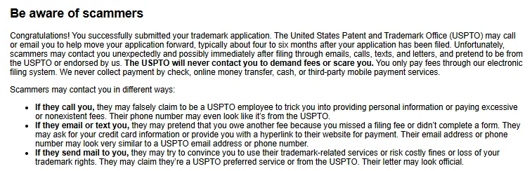 USPTO scammer warning email