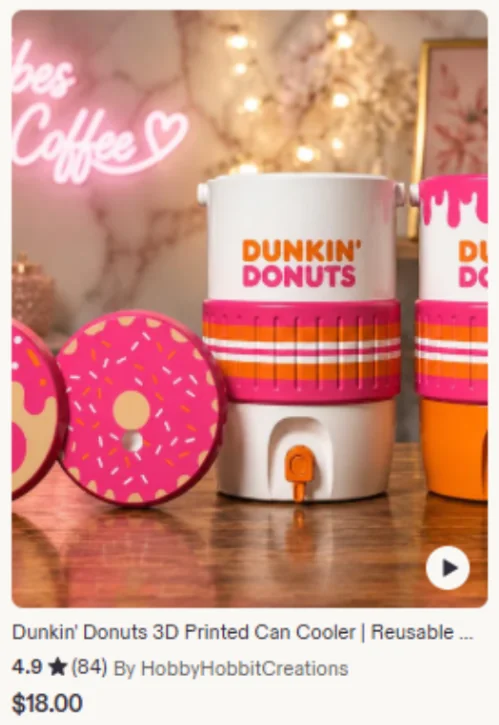 A 3D printed Dunkin' Donuts can cooler listed on Etsy